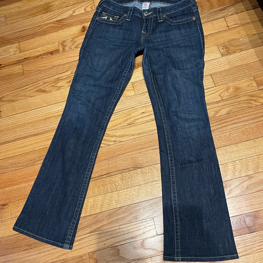 🎯NWOT True Religion Bootcut Distressed dark Wash western wide Flare jeans 29